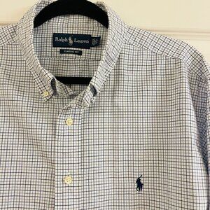RALPH LAUREN shirt, Men sz L (17.5),blue white, cotton, button down casual Polo
